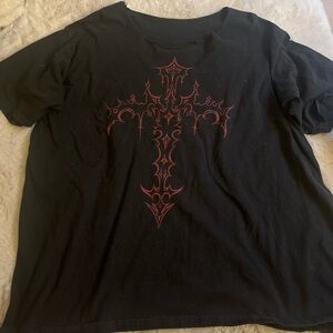 Black Graphic T-Shirt with Red Cross Design